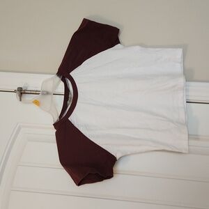 Ladies Large PAPAYA Cropped White w/ Brown Sleeves T-Shirt